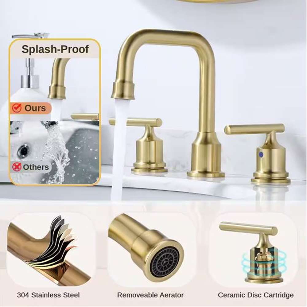 8 in. Widespread Double Handle High Arc Bathroom Faucet with Drain Kit Included in Brushed Gold