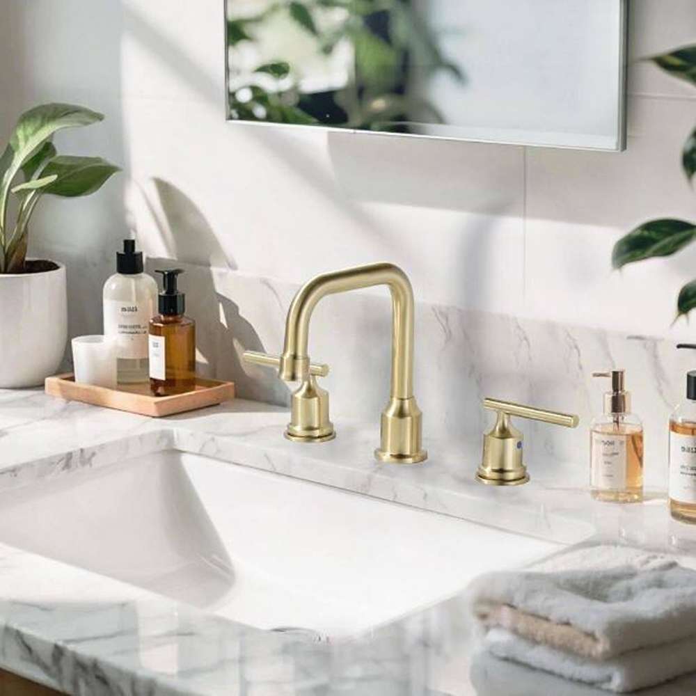 8 in. Widespread Double Handle High Arc Bathroom Faucet with Drain Kit Included in Brushed Gold